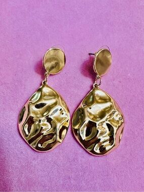 Gold Tone Hammered Statement Dangle Earrings